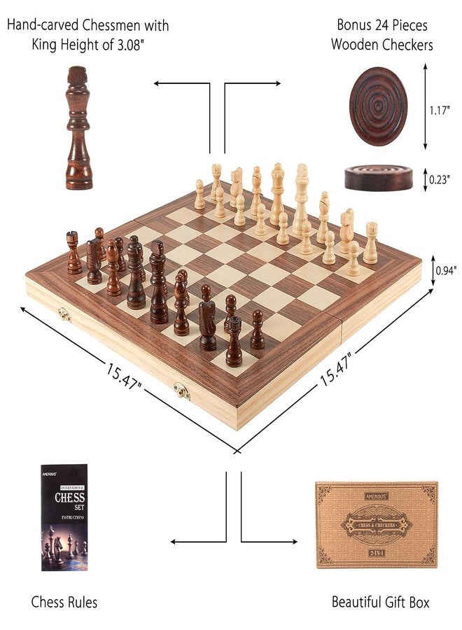 AMEROUS 15'' Wooden Chess & Checkers Set, 2 in 1 Board Games -2 Extra Queens -24 Cherkers Pieces - Gift Box Packed - Chessmen Storage Slots, Beginner Chess Set for Kids and Adults - Image 5